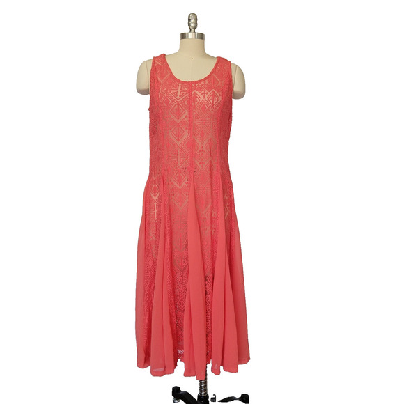 Monoreno Pink Lace Midi Dress Size L NWT Coral Embroidered Boho Festival Sheer - Picture 1 of 8